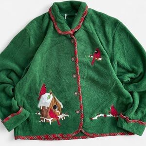 Vintage Mandal Bay Green Fleece Embroidered Holiday Red Bird Button Front Jacket